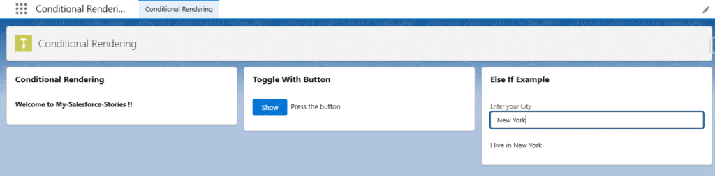 Output of Example 3 for conditional rendering based on user input in lwc.